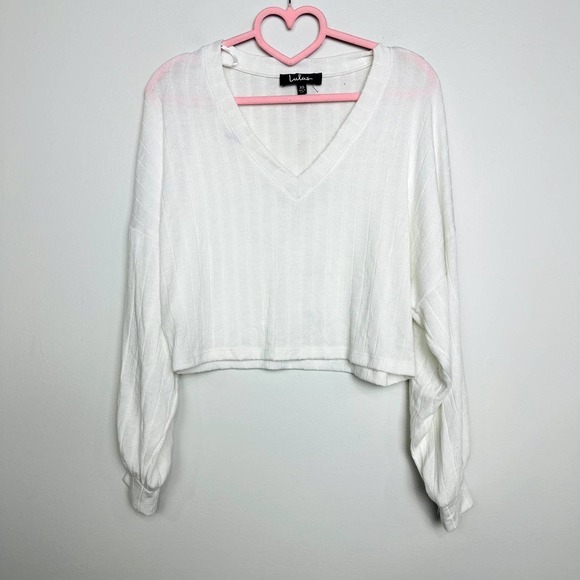 Lulus NWOT Wide Rib V-Neck Dropped Sleeve Oversized Cropped Top White Size XS - Picture 4 of 12
